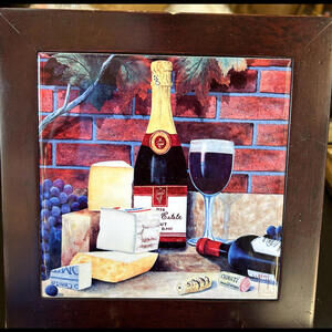 🌼Set Of 2- Wine Cheese Painted Tile Wall Plaque and Grapes 3 Hook Coat Rack